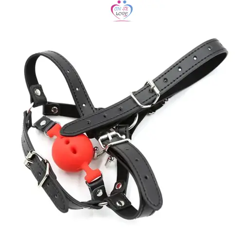 Bâillon ouvert en silicone respirant avec crochet de nez, ceinture en cuir pour adulte, pour couple Slide 5