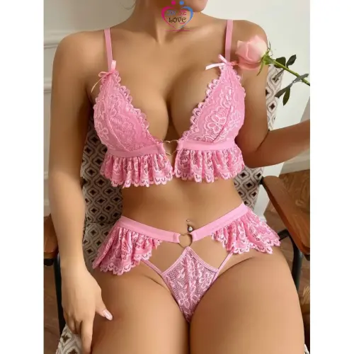 Ensemble de soutien-gorge en dentelle sexy pour femmes, lingerie rose confortable et costume érotique pour femmes Slide 2